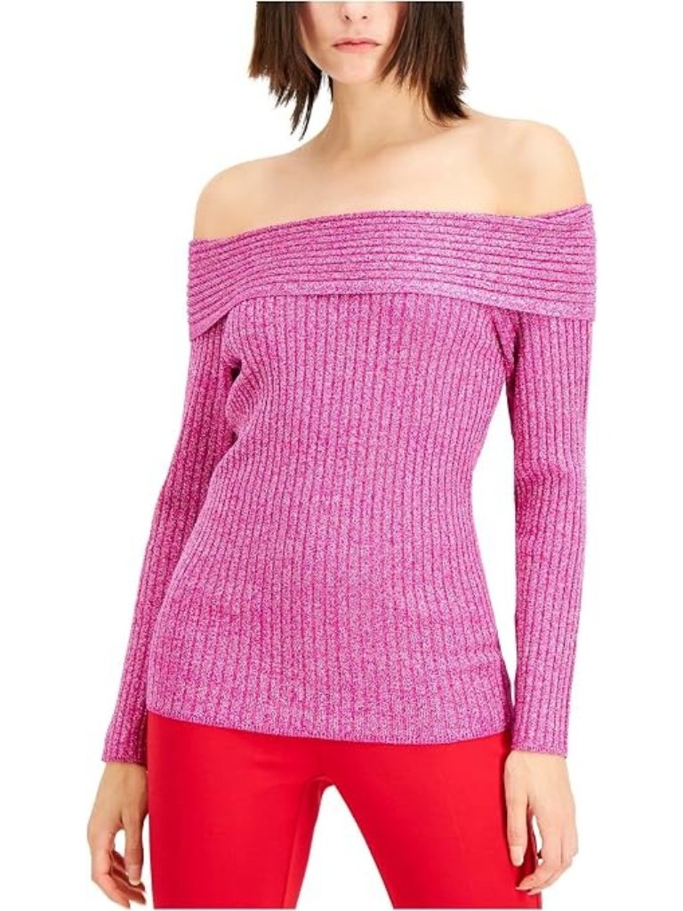 Inc Women Sweater Off Shoulder Fuchsia Pop Shimmer Rib Knit Pullover Pink Size 7
